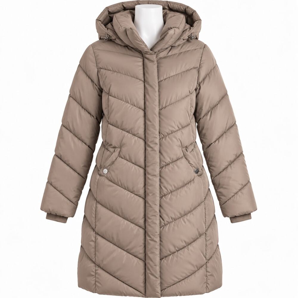 Steve Madden Tan Hooded Puffer Coat Women's Small S Long Winter Jacket NWT